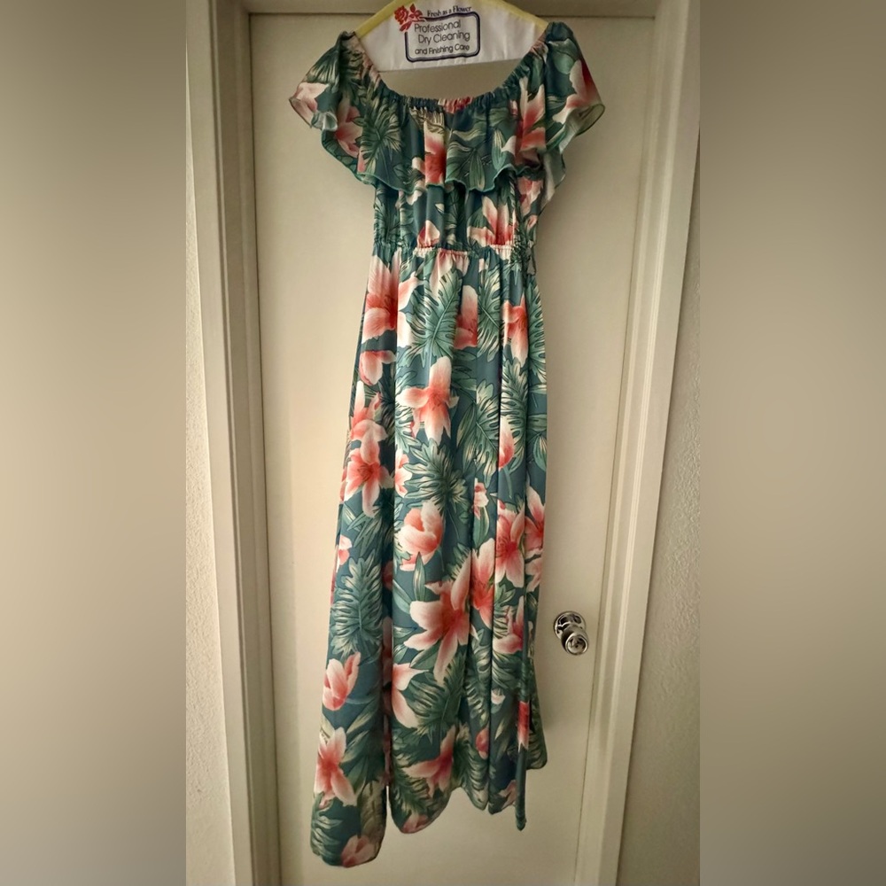 SHEIN Floral Off-Shoulder Maxi Dress - Green and Pink